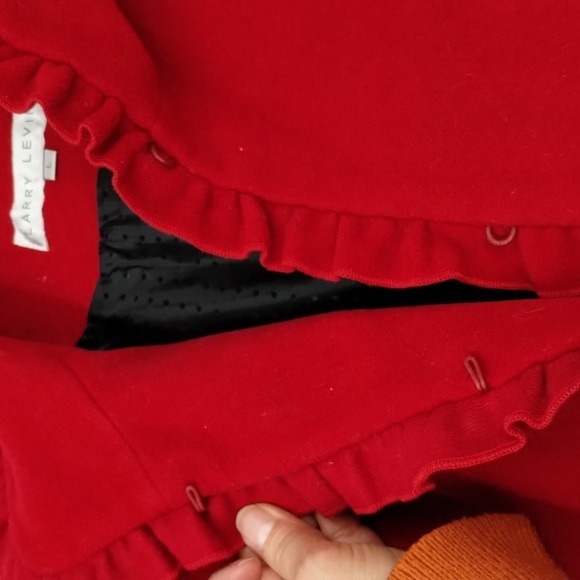 Larry Levine coat wool blend size Large ruby red ruffle front women's - Picture 9 of 13